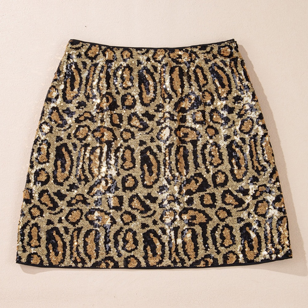 Leopard Print Sequin Mini Skirt - Picture 4 of 9